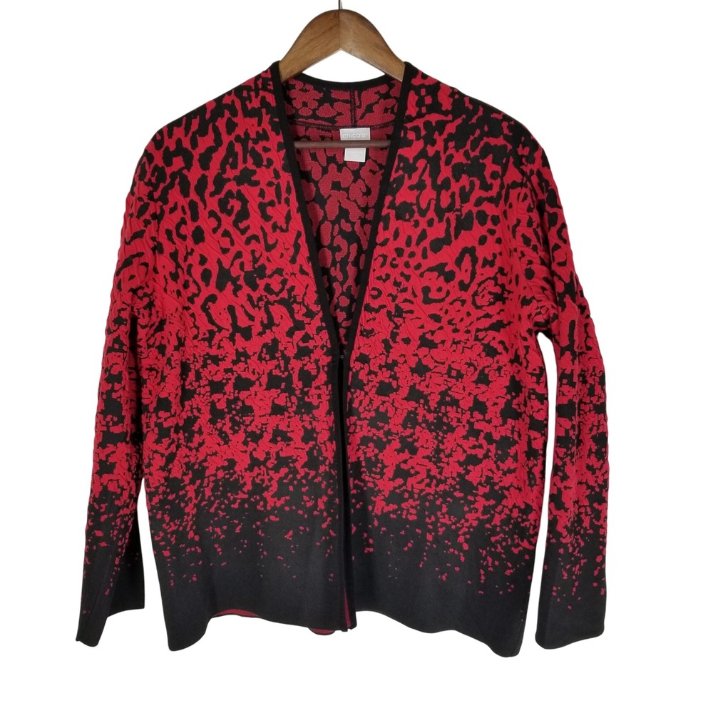 Chico's Cardigan Sweater Red Black Leopard Print Open Front Size 2 L